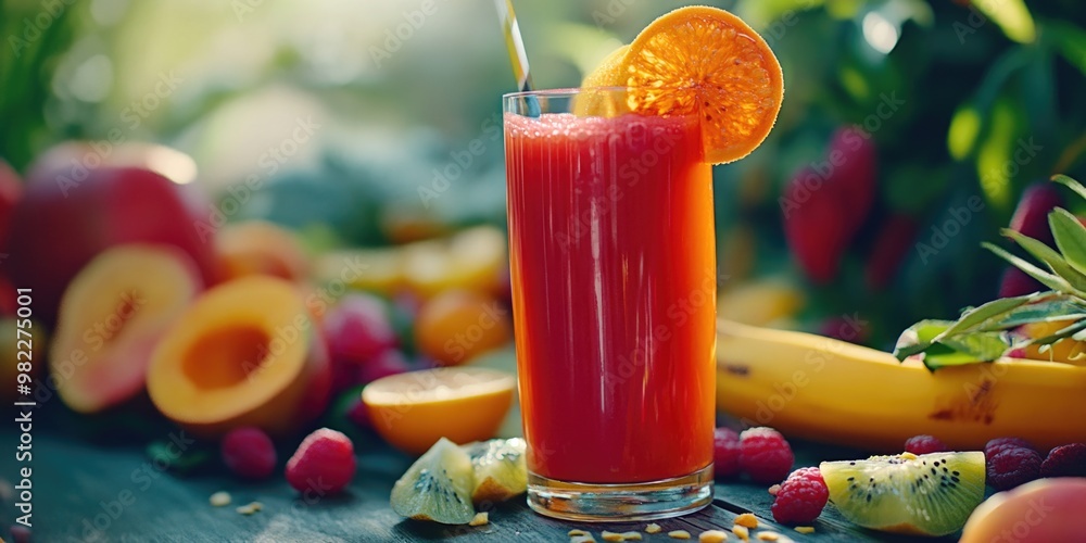 Poster a glass of red juice with a slice of orange in it sits on a table with a variety of fruits