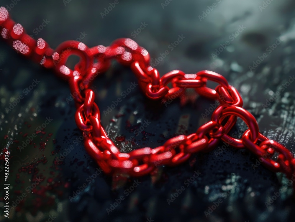 Poster a red chain with a heart shape is shown. the heart is made of metal and is surrounded by a chain. th