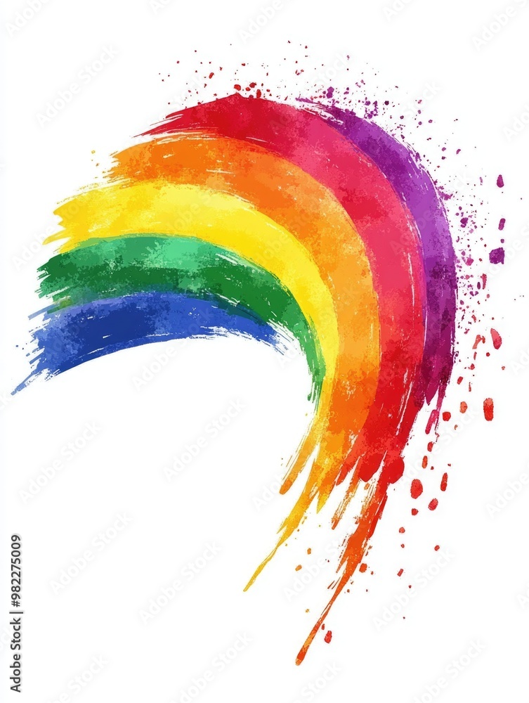 Poster a rainbow with splatters of paint on it. the splatters are in different colors and are scattered all