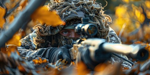 A man in camouflage gear is crouching down and holding a rifle. The image has a mood of tension and anticipation, as the man is preparing to take a shot