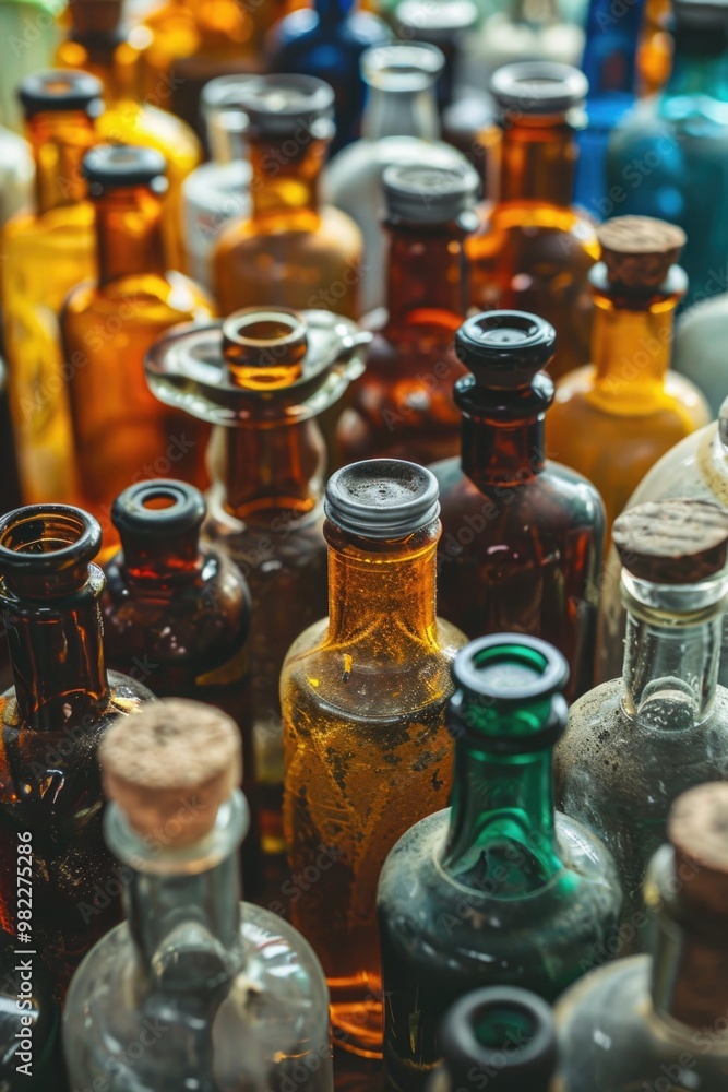 Poster a collection of old bottles with cork stoppers. the bottles are of various colors and sizes, and som