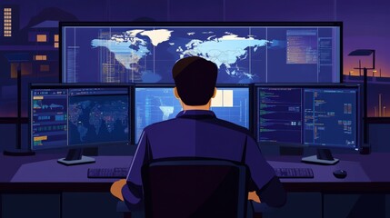 A cartoon logistics manager tracking global shipments on multiple computer screens.