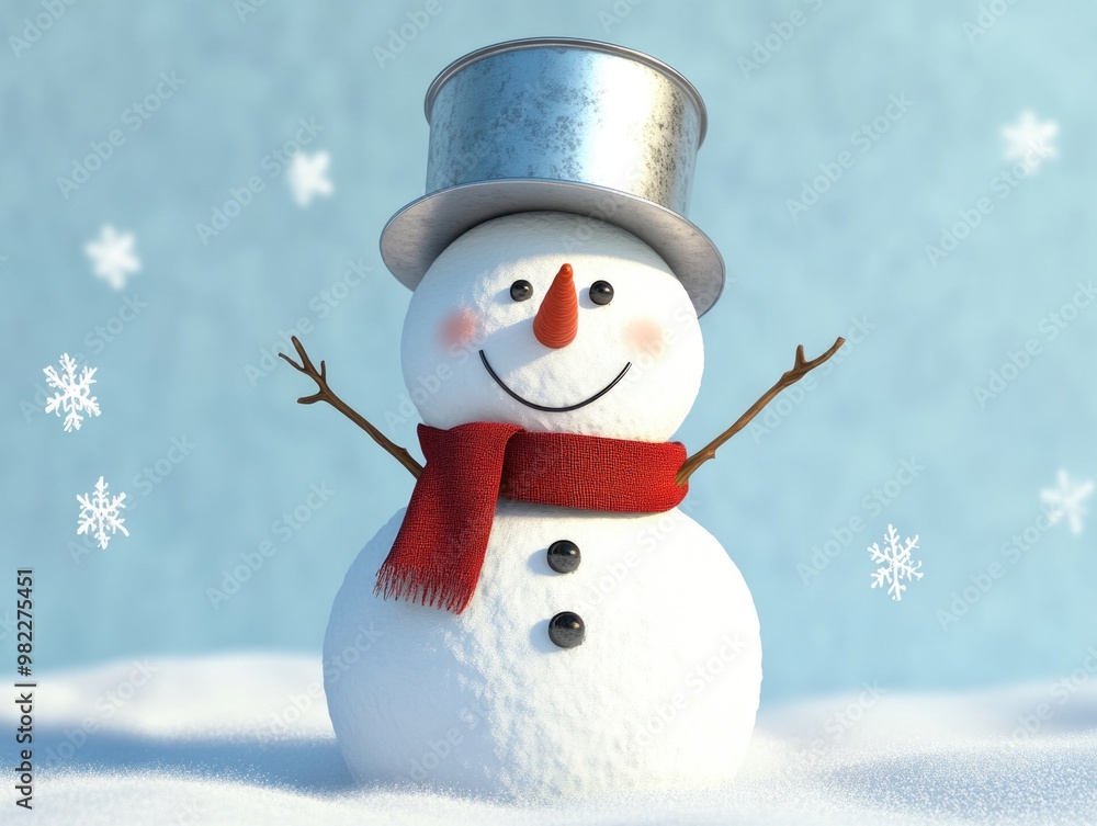 Aufkleber a snowman with a hat and scarf is smiling and standing in the snow. the image has a cheerful and fes