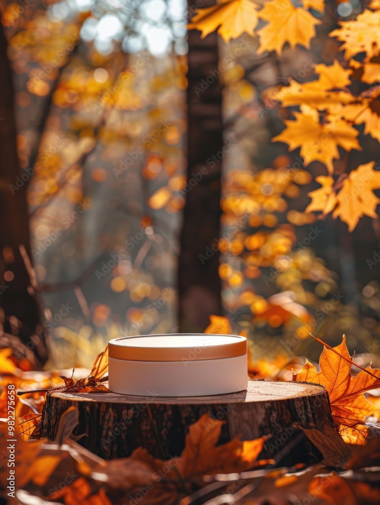 Poster a white container is sitting on a log in a forest. the container is empty and the log is covered in 