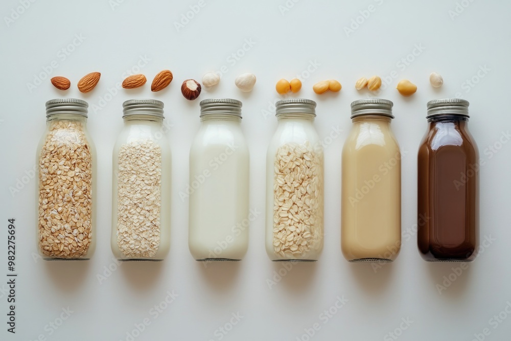 Aufkleber a row of six glass bottles with different types of milk and nuts on top. the bottles are lined up ne