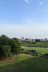 多摩川の河川敷から見る二子玉川駅周辺の風景