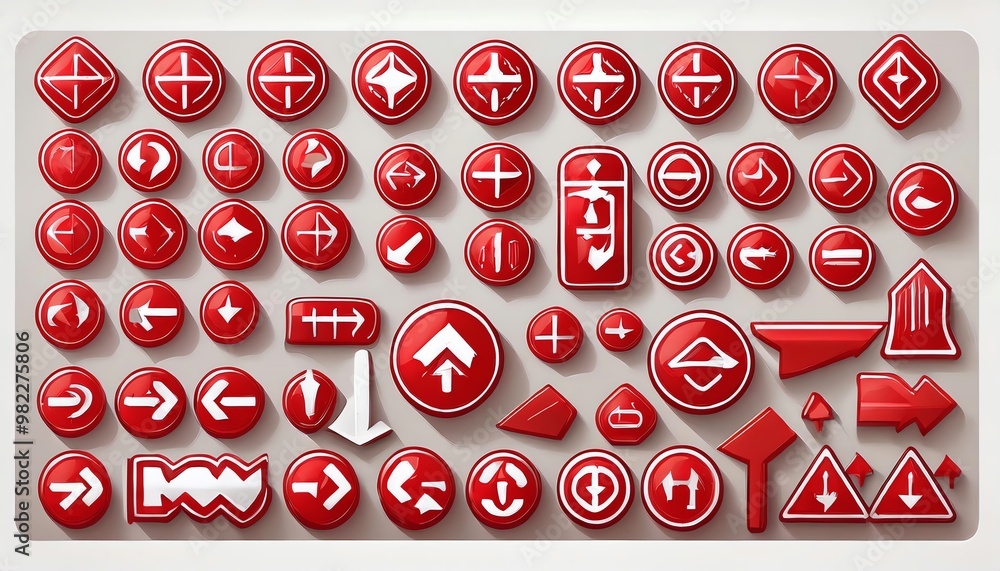 Poster a variety of red direction and navigation icons arranged on a light background, highlighting differe