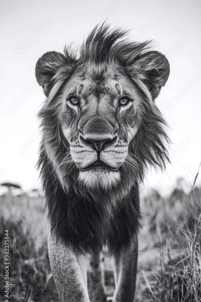 Poster a lion is standing in a field with its head held high. the image has a strong sense of power and maj