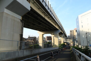 多摩川の河川敷から見る二子玉川駅周辺の風景