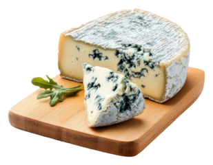 PNG Rich blue cheese on a wooden board with garnish