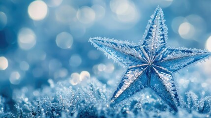 A stunning frozen star against a sparkling blue backdrop, capturing the beauty of winter and holiday themes.