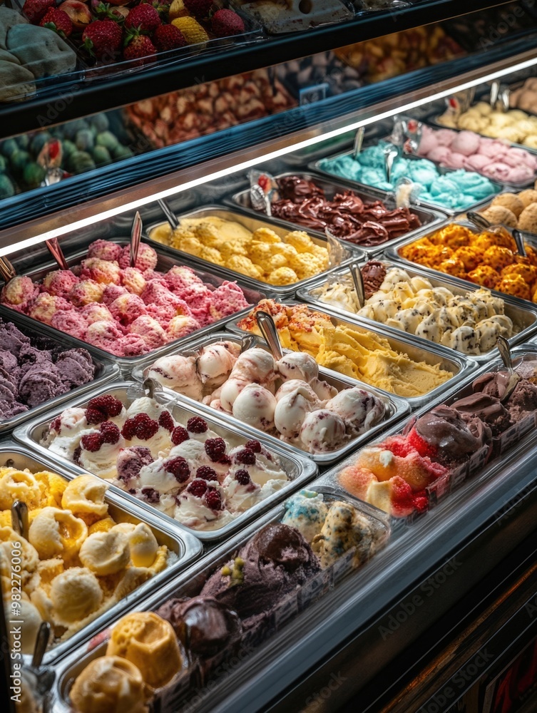 Poster a display case of ice cream with many flavors including strawberry, blueberry, and raspberry. the ic