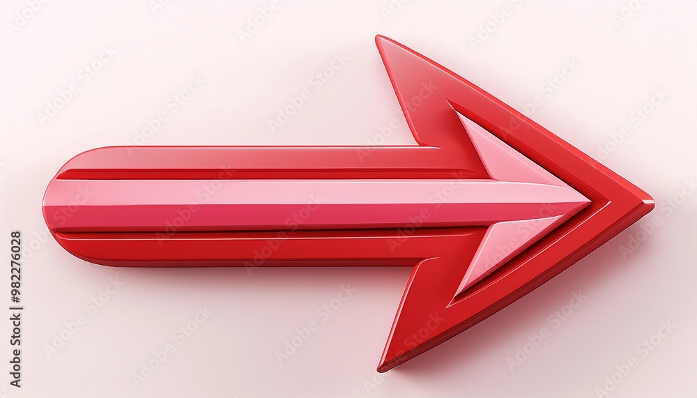 Poster a bold red arrow pointing right, featuring a smooth design with stripes, set against a soft pink bac