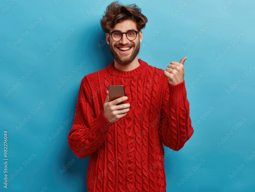Poster a man in a red sweater is holding a cell phone and pointing to it. he is smiling and he is happy