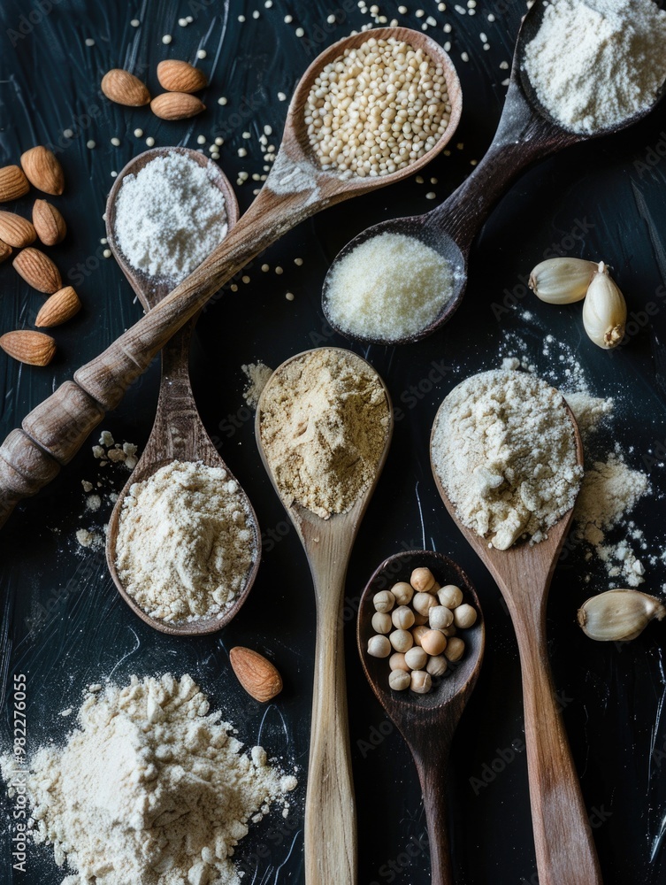 Poster a collection of spoons with various types of flour and nuts. the spoons are arranged in a row, with 