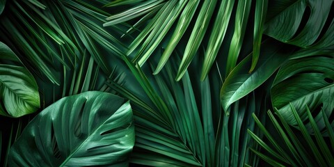 Fototapeta premium A green leafy background with a few leaves in the foreground. The background is lush and green, and the foreground is a mix of green and brown
