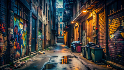 Fototapeta premium Dark, eerie alleyway filled with trash, graffiti, and despair , urban, gloomy, rundown, neglected, abandoned, desolate