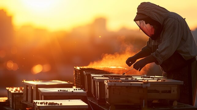 Beekeeper Tending Hives at Sunset with Cityscape - Urban Beekeeping, Sustainable Honey Production