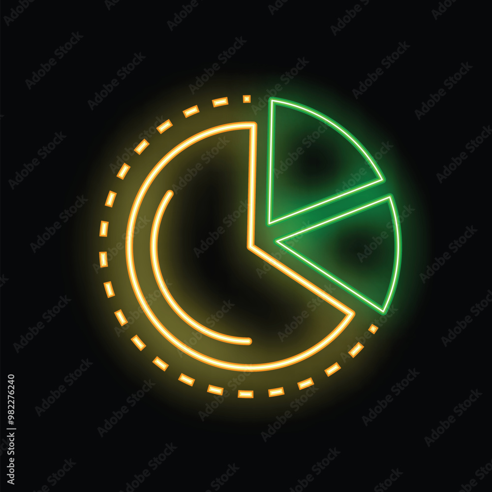 Poster glowing neon style icon showing a pie chart dividing data into three parts, ideal for illustrating c