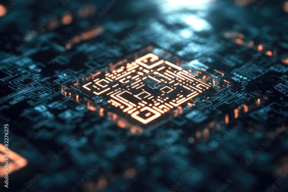 Aufkleber a close up of a computer chip with a yellow light on it. concept of technology and innovation, as we