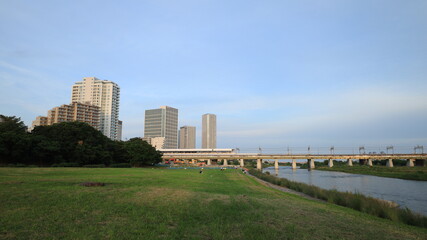 多摩川の河川敷から見る二子玉川駅周辺の風景