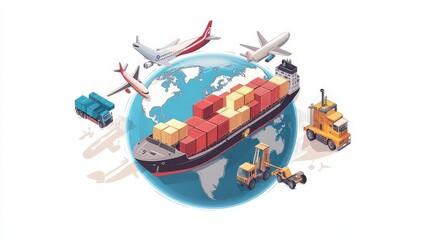 Cartoon ships, planes, and trucks moving goods around a globe, representing international logistics.