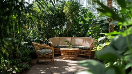 Cozy Sitting Area in a Lush Greenhouse