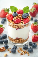 Colorful Berries and Yogurt Parfait Layers of fresh strawberries, blueberries, and yogurt in a glass jar, topped with granola and nuts, placed on a bright kitchen counter