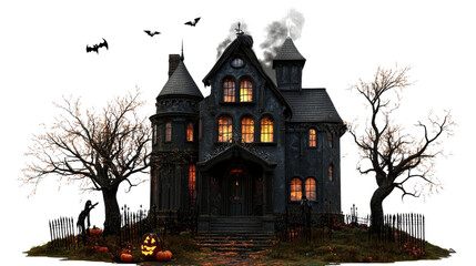 spooky halloween house on white transparent background