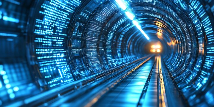 Futuristic tunnel with blue glowing digital patterns and a walkway leading to a bright light at the end.