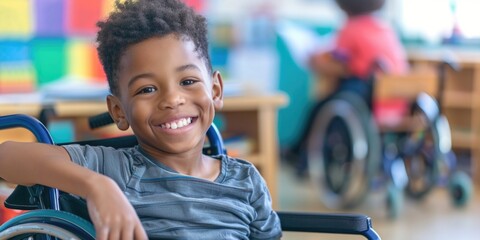 A young boy in a wheelchair is smiling and posing for a picture. The scene takes place in a classroom with several chairs and a desk