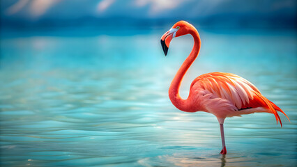 Fototapeta premium of a flamingo, flamingo, tropical, bird, wildlife, pink, feathers, exotic, standing, elegant, long legs, beak, water, beautiful