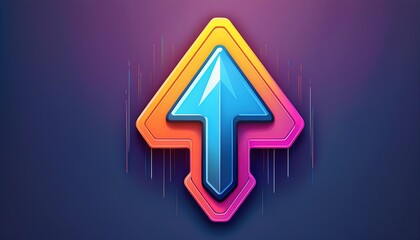 A vibrant, stylized arrow icon featuring a blue gradient with a colorful, geometric background suggesting upward movement or progress.