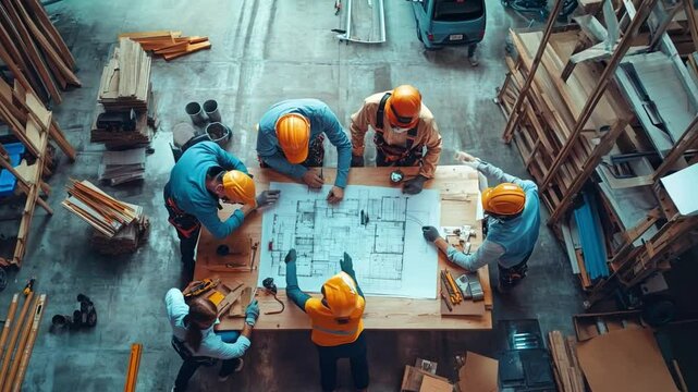 A team of engineers and architects is shown in an overhead view discussing the specifics of building a house while looking over blueprints, signifying collaborative planning.