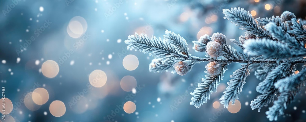 Poster A serene winter scene showcasing a frosted pine branch adorned with snow, sparkling against a soft, blurred background of light.