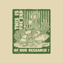 retro cartoon emblem of alien drinking behind his ruin plane 