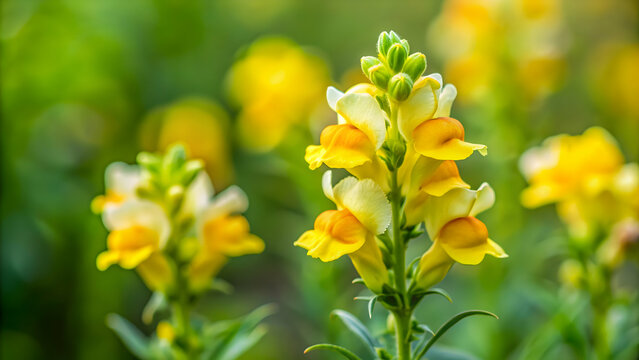 Yellow common toadflax flower closeup with green leaves, Linaria vulgaris, common toadflax, yellow flowers, garden, nature
