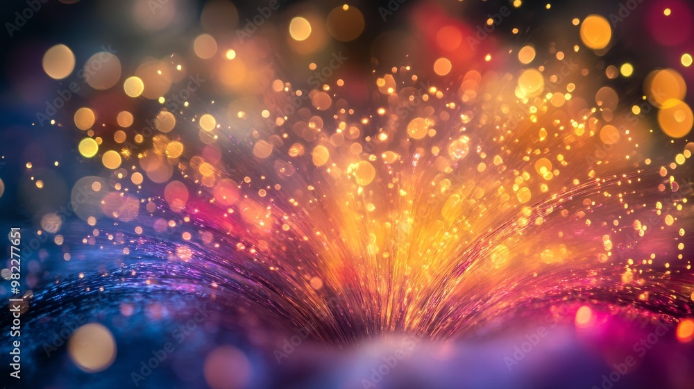 Poster abstract background with multicolored fiber optic lights and bokeh