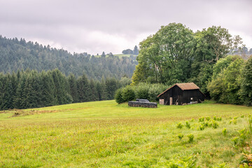 Obraz premium Grange traditionnelle et tas de bas pour le chauffage sur les hauteurs du massif des Vosges