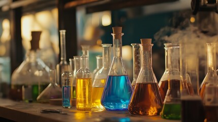 Colorful glass flasks filled with various liquids on a wooden table in a laboratory during the evening hours