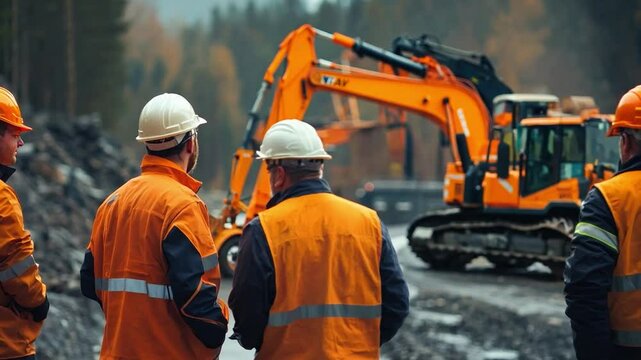 At a road construction site, a group of laborers and civil engineers are organizing and planning their next moves while using obvious construction equipment.
