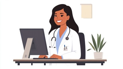 A smiling doctor sitting at a desk, typing notes into a computer after a patient consultation.