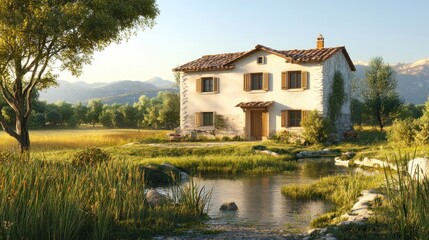 Fototapeta premium Rustic Country House by a Pond