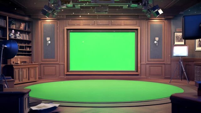 Green screen TV studio with classic wood paneling and lighting setup for production. Seamless looping 4k time-lapse video background
