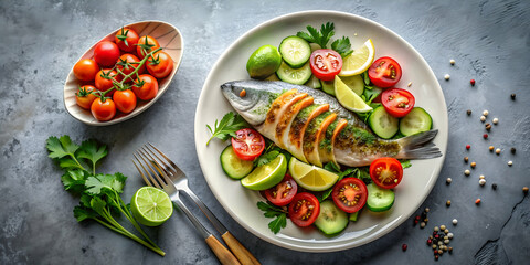 Plate with a delicious combination of fish, avocado, and tomatoes, perfect for seafood lovers, seafood, plate, food, fish