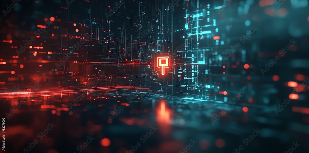 Poster glowing abstract digital network with a red and blue circuit board.