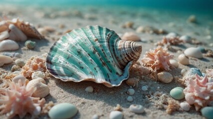 Large green and white seashell resting on sandy beach with small pebbles, against blurred turquoise ocean background