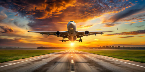 Naklejka premium Airplane landing gracefully on runway at sunset, aircraft, aviation, arrival, dusk, transportation, travel, evening