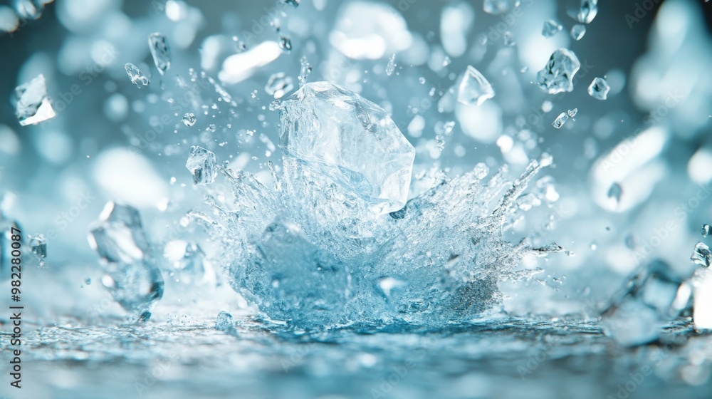 Poster a large ice cube splinters and shatters into smaller pieces