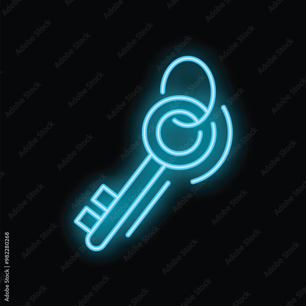 Poster bright blue neon key glowing on a black background representing concepts like access and security